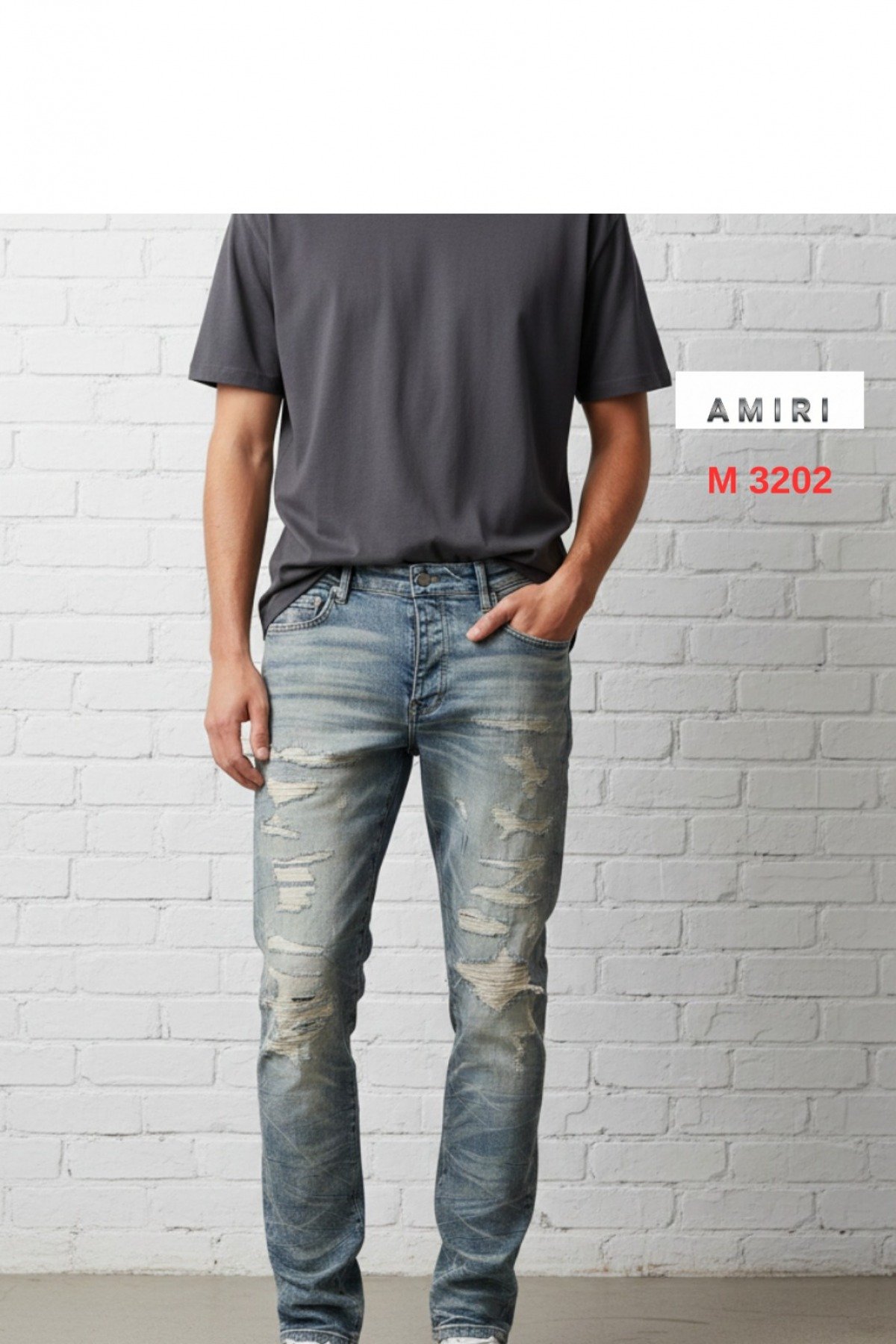 AMIRI  Erkek Açık Mavi Slim Fit Yırtık Detaylı Kot Pantolon