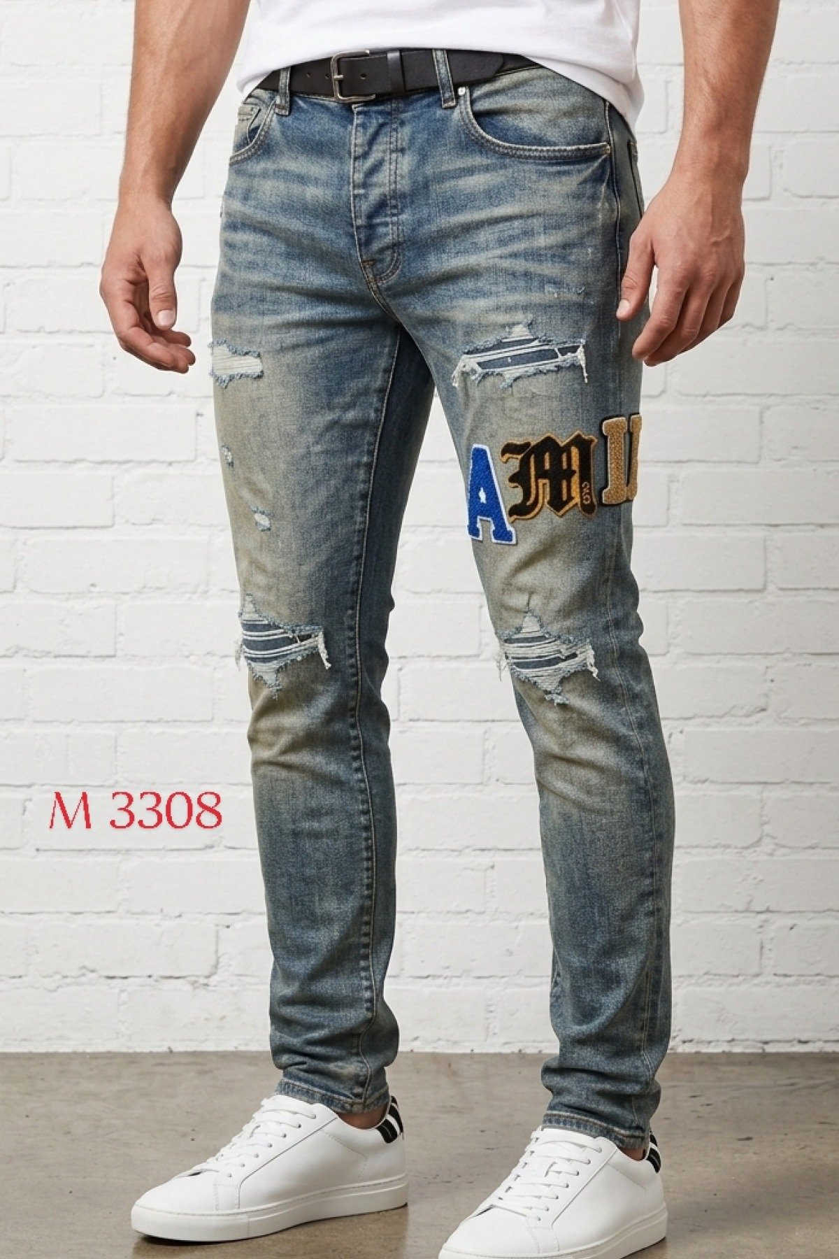 Amiri Stil Yazı Nakışlı Slim Fit Jean - Eskitme Detaylı Mavi Erkek Kot Pantolon