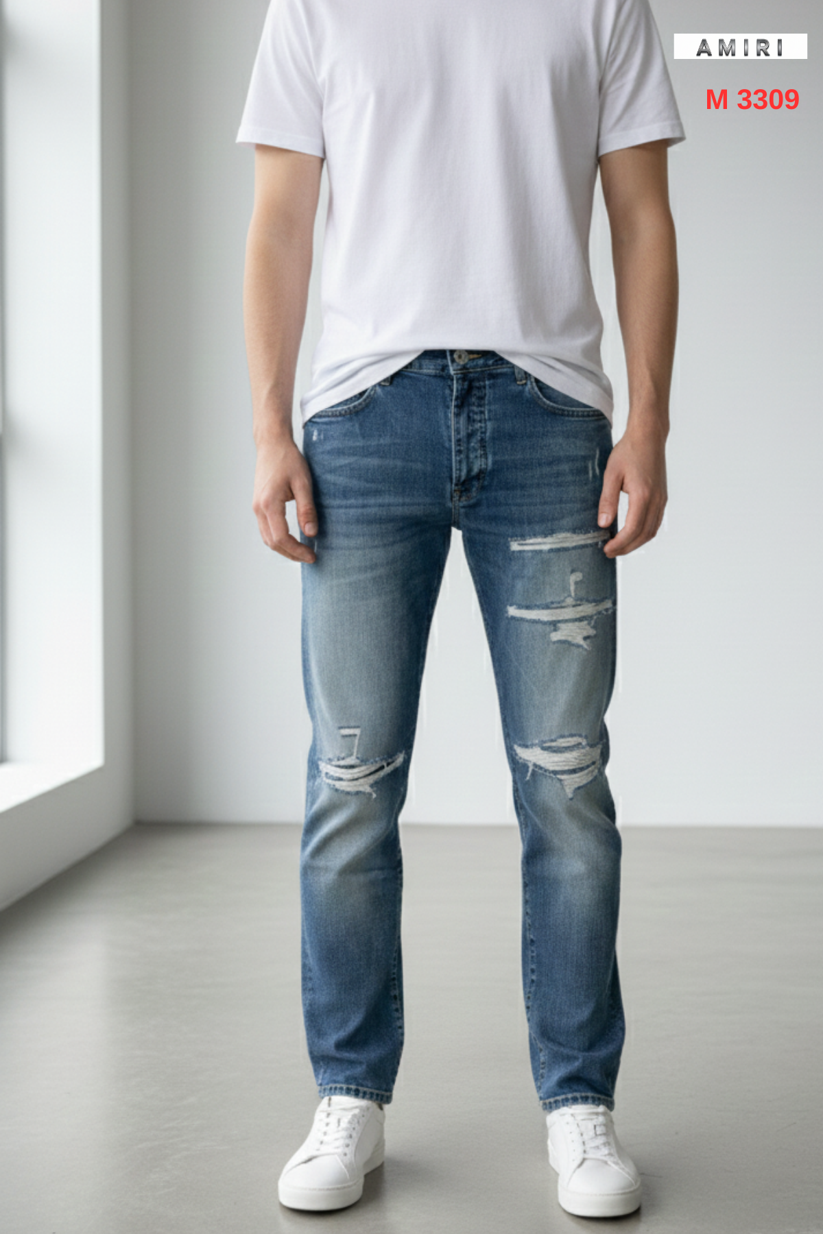 AMİRİ Mavi Slim-Fit Yırtık Detaylı Eskitme Erkek Jean Pantolon