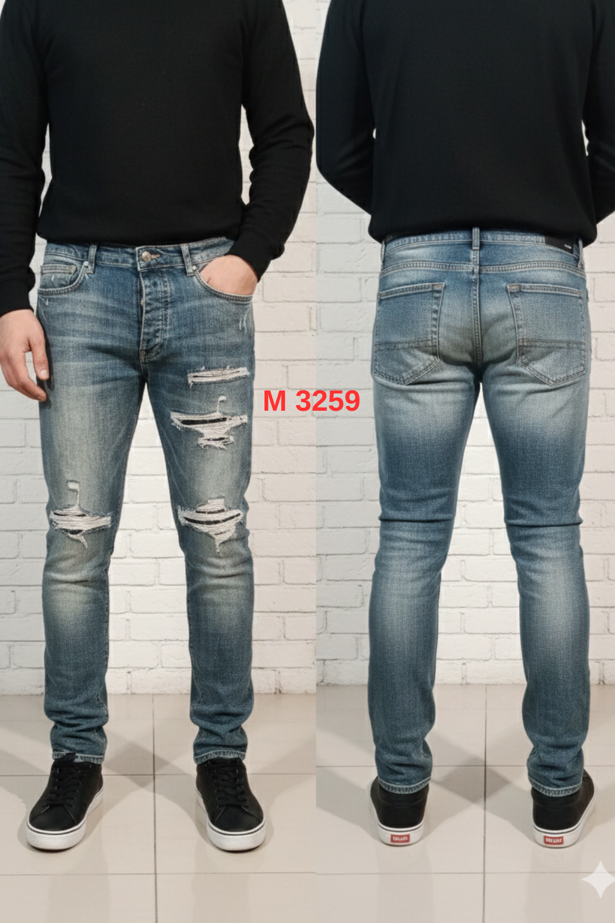 Amiri Stil Mavi Yırtık Detaylı Slim Fit Erkek Jean Pantolon