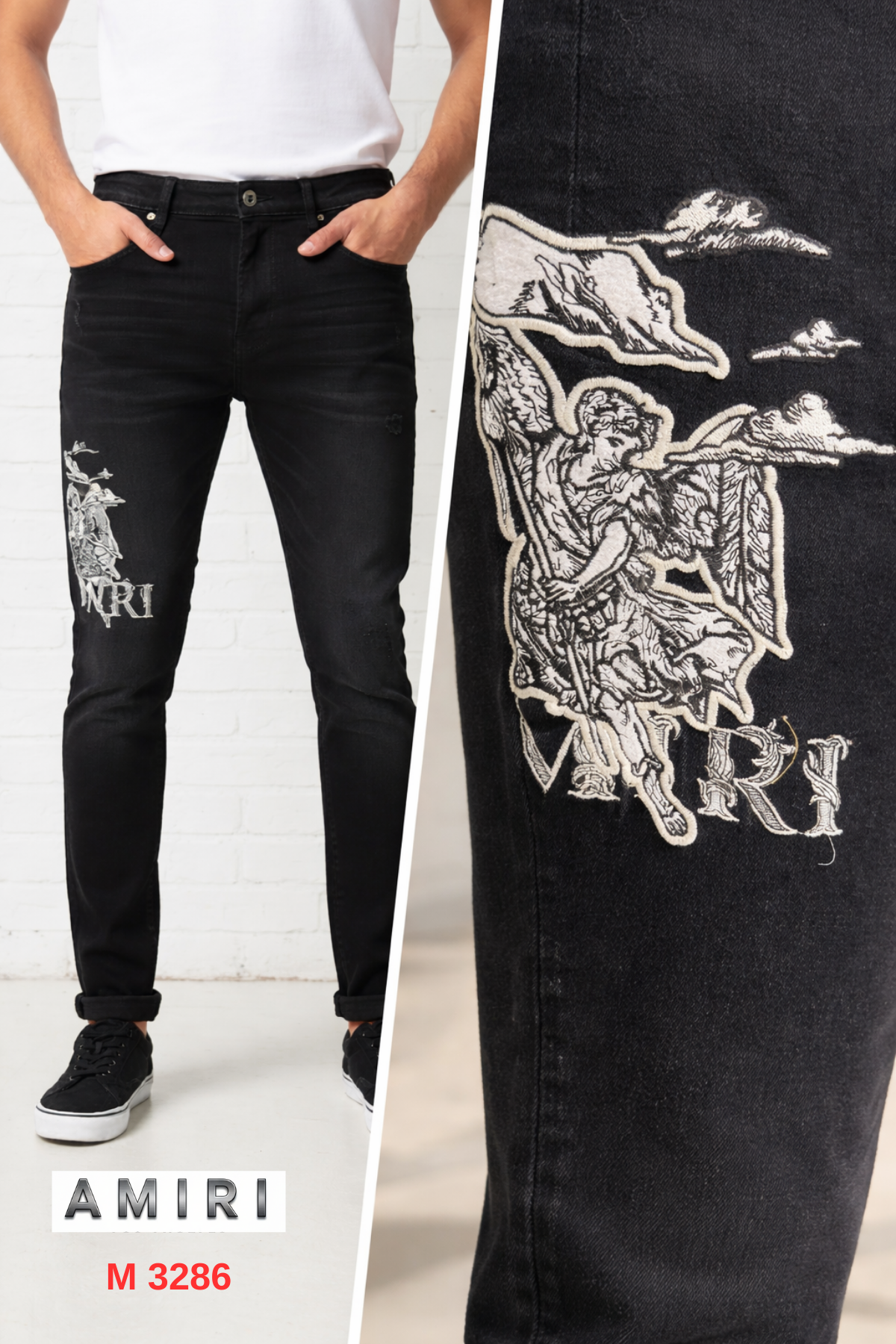Amiri Siyah Slim-Fit Çiçek Nakışlı Logo Detaylı Jean Pantolon