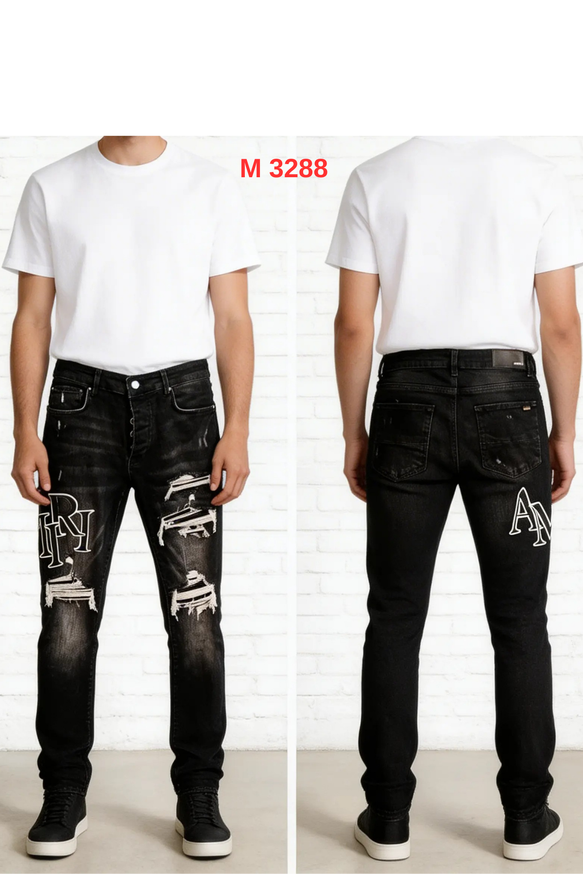 AMİRİ Deri Logo İşlemeli Erkek Siyah Yırtık Detaylı Slim Fit Jean