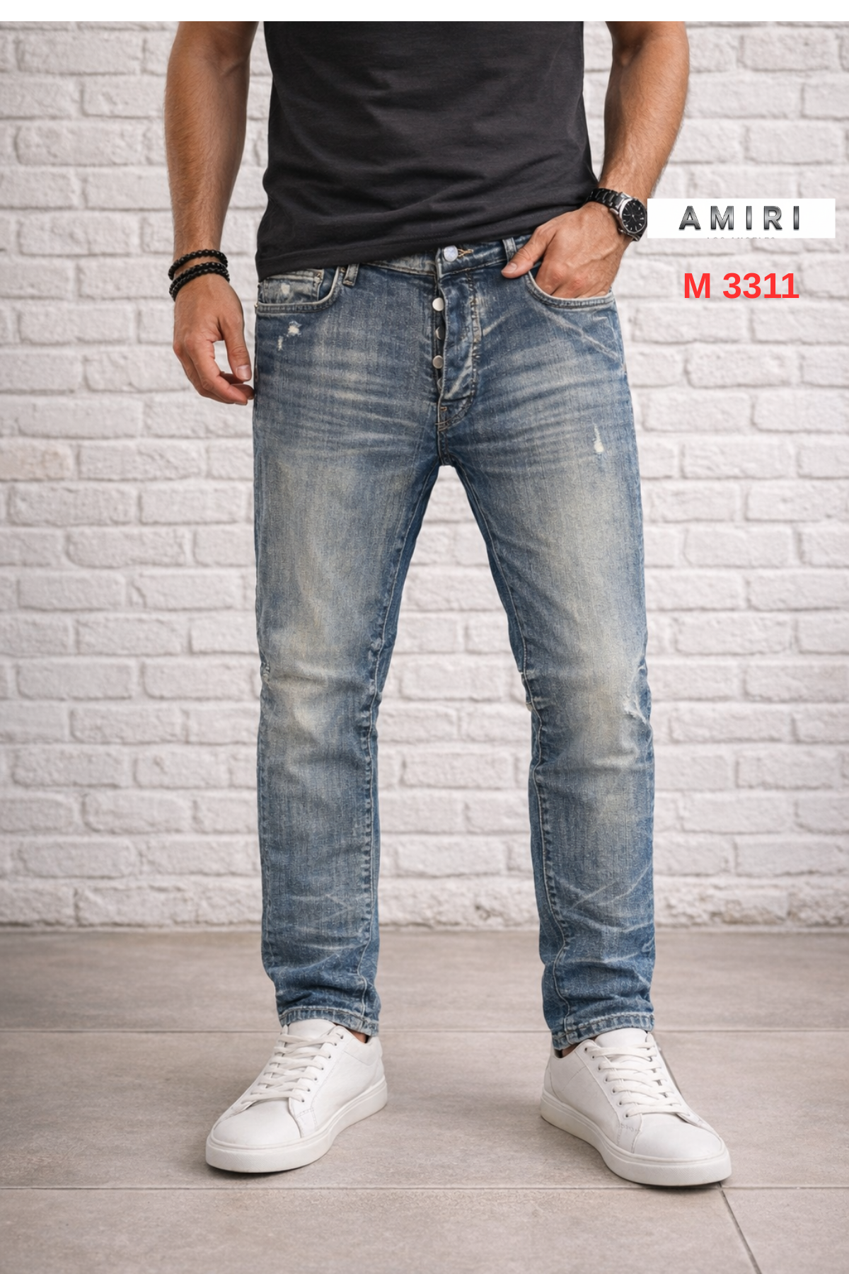 AMİRİ Erkek Slim Fit Açık Mavi Yıkamalı Jean Pantolon – Vintage Eskitme Detaylı