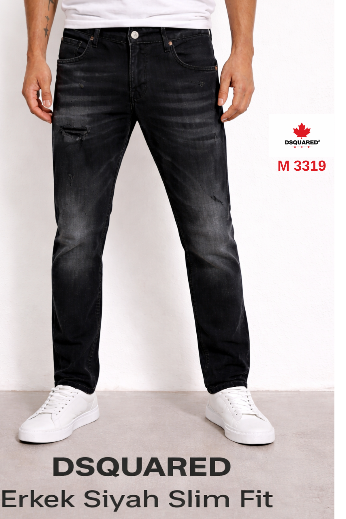 DSQUARED Erkek Siyah Dar Kesim Denim Jean – Eskitme Efektli