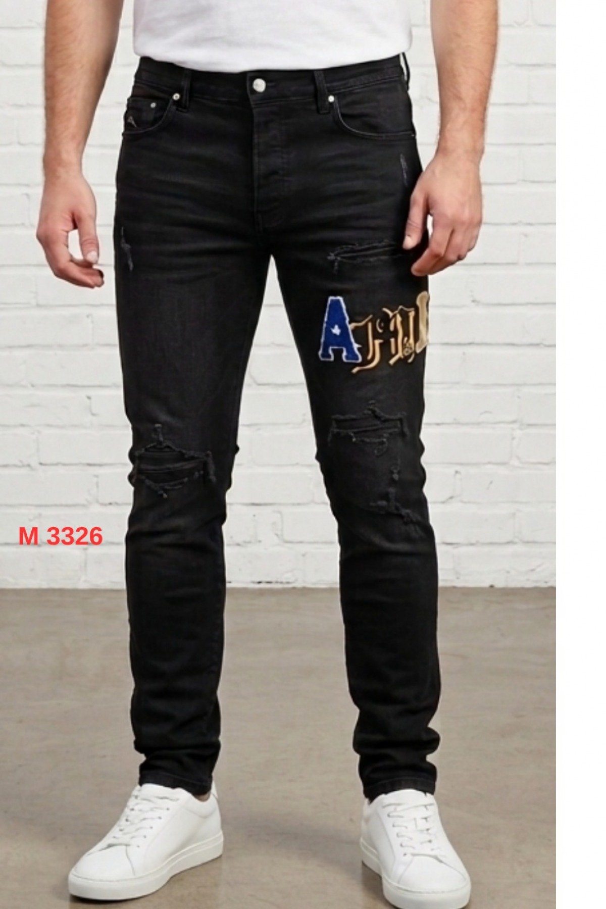 Amiri Stil Nakışlı ve Eskitme Detaylı Siyah Slim Fit Erkek Jean